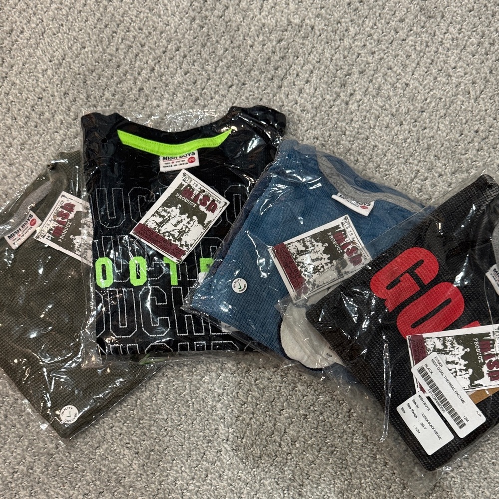 Set of 4 12month boys Kids Long Sleeve Tees - Black, Olive, Blue, Red Accents
